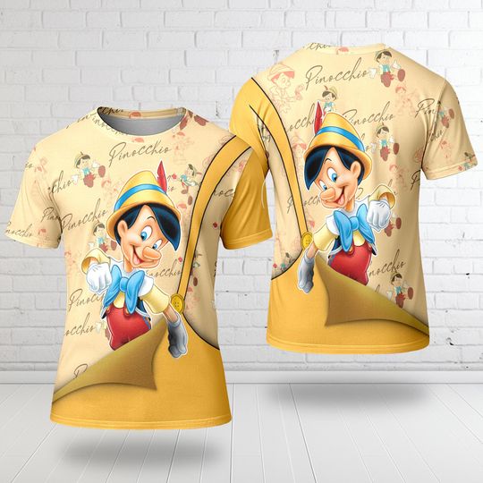 Pinocchio Yellow Golden Button Overalls Patterns 3D T-Shirt
