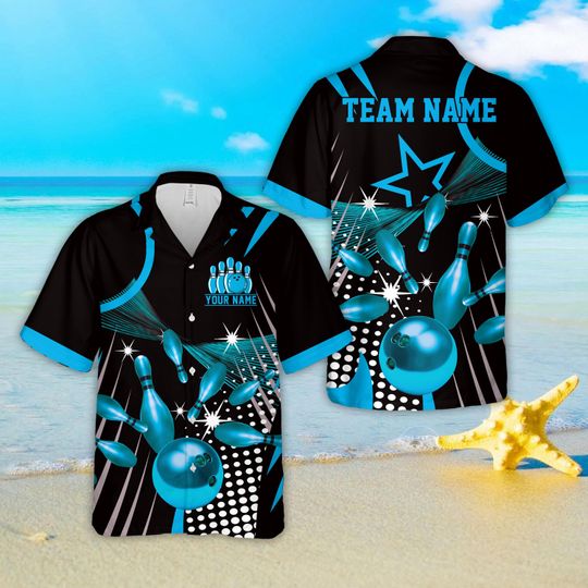 Personalized Name Starburst Dot Pattern Bowling Hawaiian Shirt, Custom Color Bowling Button Up Shirt, Matching Bowling Team Shirt For Bowler