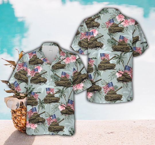 Military Tank & American Flag Hawaiian Shirt For Men Women, Tropical Floral Patriotic Button Up Shirt, Memorial Day Summer Party Aloha Shirt