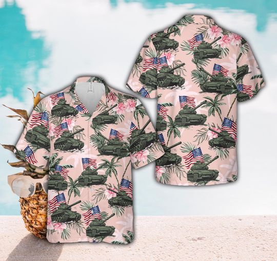 Military Tank & American Flag Hawaiian Shirt For Men Women, Tropical Floral Patriotic Button Up Shirt, Memorial Day Summer Party Aloha Shirt