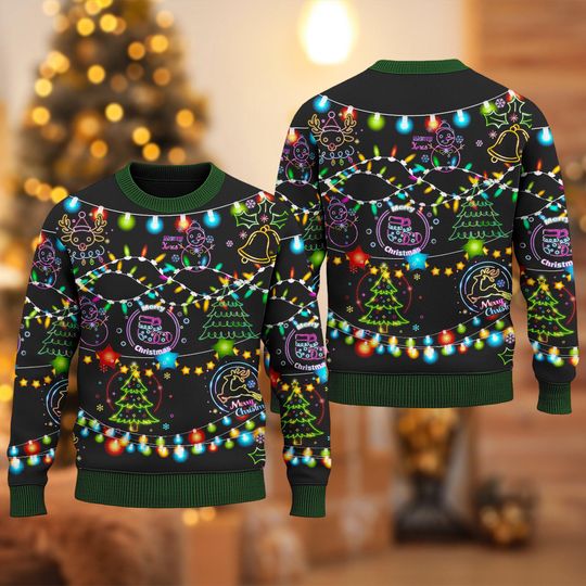 Bright Neon Lighting Ugly Sweater, Christmas Neon Lighting Sweatshirt, Santa Claus Xmas Holiday Party Shirt, Merry Christmas Sweater