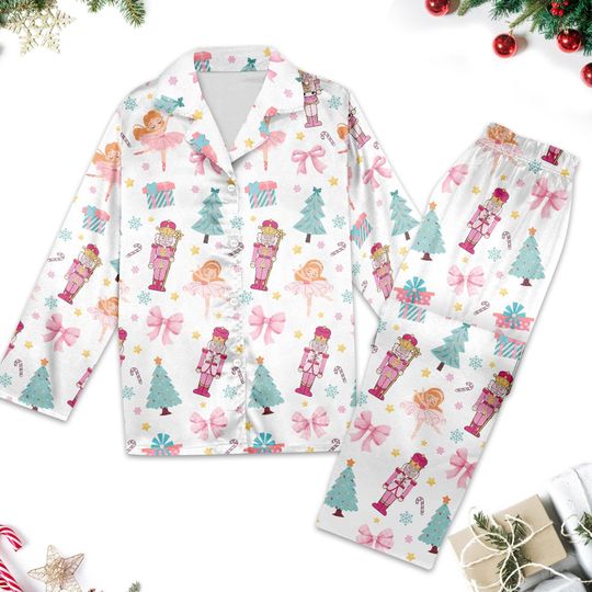 Nutcracker Coquette Christmas Pajamas Set, Pink Fairy Holiday Pajamas, Nutcracker Ballet Xmas Pyjamas Set, Nutcracker Christmas Party Gift
