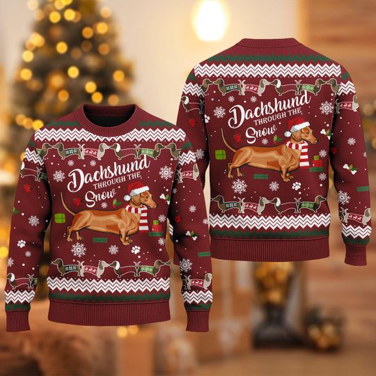 Through The Snow Sweater, Dog Santa Dachshund Ugly Christmas Sweater, Xmas Sweatshirt, Christmas Gift For Men Women Kid