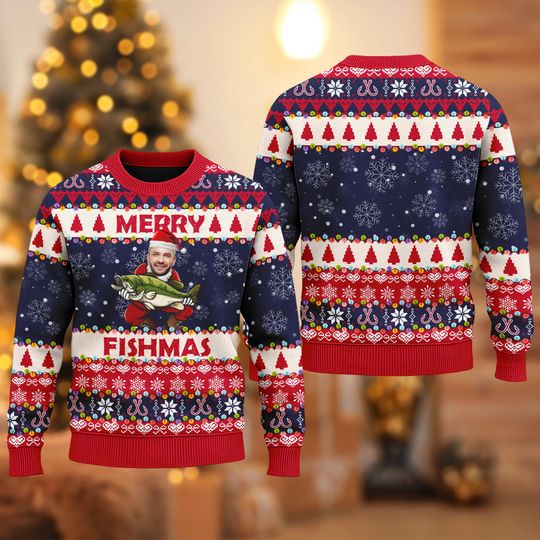 Merry Fishmas Christmas Ugly Sweater, Custom Photo Ugly Christmas Sweater, Fishing Xmas Sweatshirt, Christmas Gift For Men Women Kid