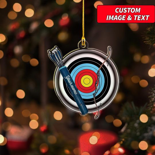 Custom Image And Text Bow And Arrow Ornament, Personalized Archery Ornament