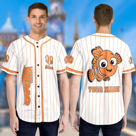 Personalized Finding Nemo White Orange Cartoon Jersey, Custom Nemo Baseball Jersey, Finding Nemo Jersey Team, Gift For Fan