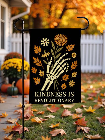 Fall Halloween Garden Flag, Spooky Skeleton Hand with Wildflowers
