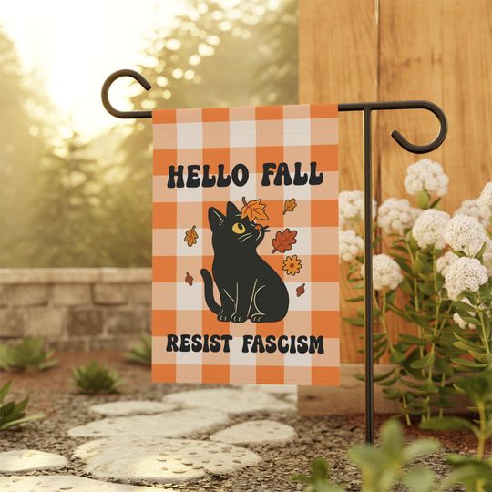 Black Cat with Falling Leaves Garden Flag