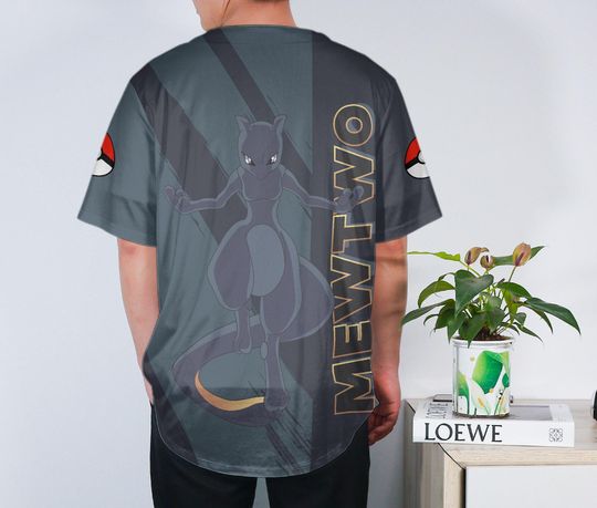 Mewtwo Baseball Jersey Custom Button-Up Anime Gift Dark Grey Jersey