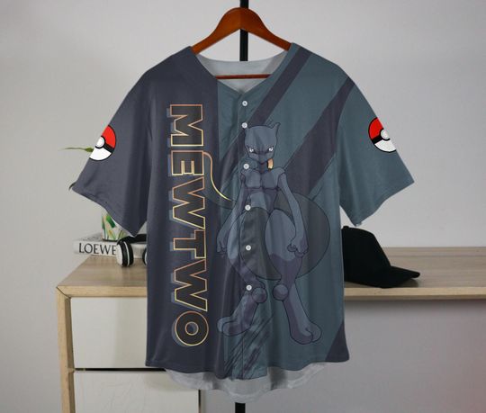 Mewtwo Baseball Jersey Custom Button-Up Anime Gift Dark Grey Jersey