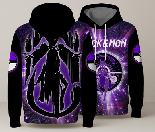 Mewtwo Hoodie with Cosmic Art, Kawaii Pullover, Unisex Crewneck