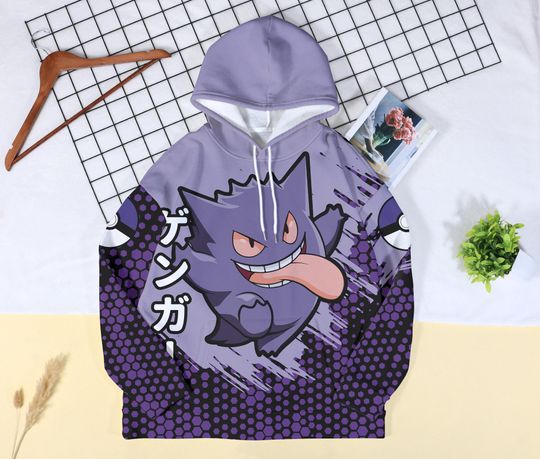 Gengar Hoodie, Cute Ghost Type Sweatshirt, Kawaii Anime Pullover, Funny Gengar Shirt