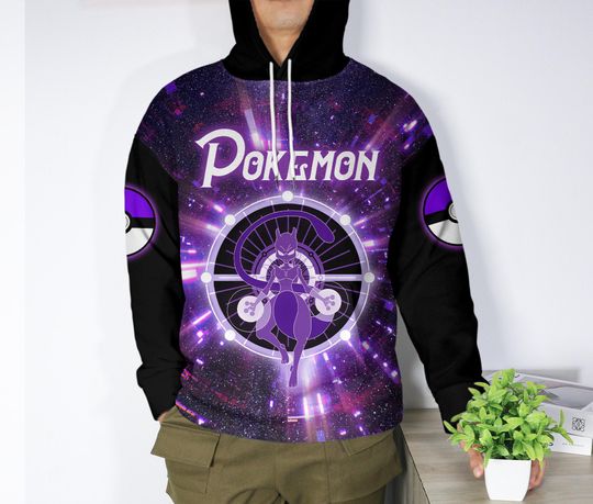 Mewtwo Hoodie with Cosmic Art, Kawaii Pullover, Unisex Crewneck