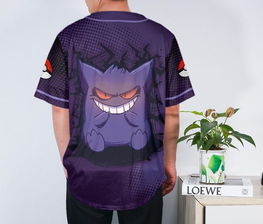 Gengar Baseball Jersey Cute Anime Button-Up Funny 3D Gift for Fans