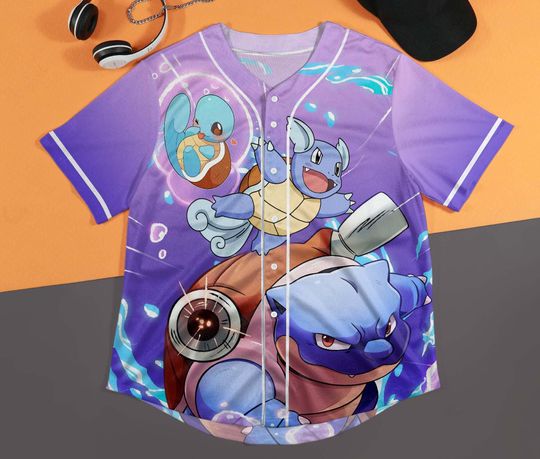 Blastoise Baseball Jersey – Squirtle-Inspired Unisex Button-Up, Water-Type Anime Beach Gift