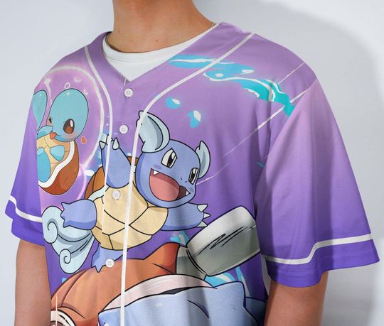 Blastoise Baseball Jersey – Squirtle-Inspired Unisex Button-Up, Water-Type Anime Beach Gift