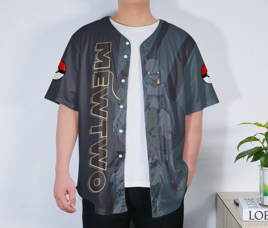 Mewtwo Baseball Jersey Custom Button-Up Anime Gift Dark Grey Jersey
