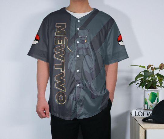 Mewtwo Baseball Jersey Custom Button-Up Anime Gift Dark Grey Jersey