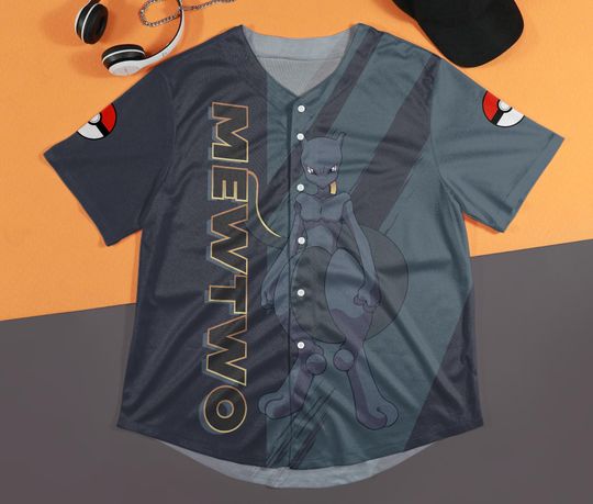 Mewtwo Baseball Jersey Custom Button-Up Anime Gift Dark Grey Jersey