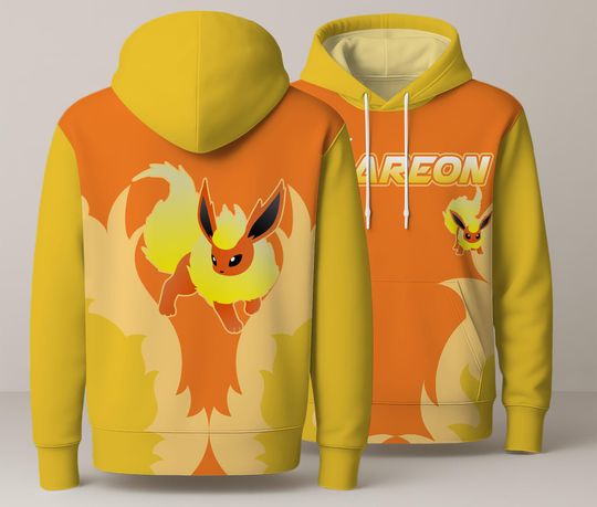 Flareon Fire Print Hoodie Unisex Pullover, Eevee Evolution 3D Hoodie