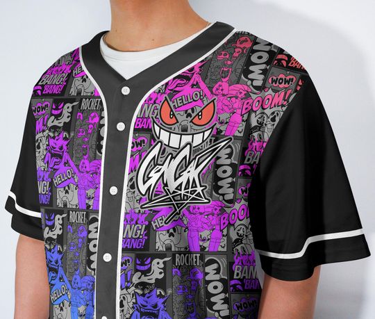 Gengar Baseball Jersey Graffiti Comic Graphic Button-Up Shirt