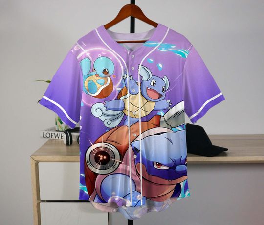 Blastoise Baseball Jersey – Squirtle-Inspired Unisex Button-Up, Water-Type Anime Beach Gift