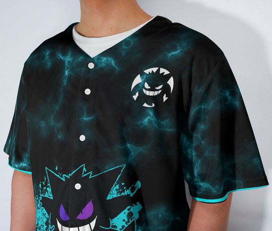 Gengar Baseball Jersey Anime Ghost Button-Up Spooky Gift Purple Shadow