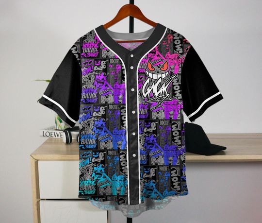 Gengar Baseball Jersey Graffiti Comic Graphic Button-Up Shirt