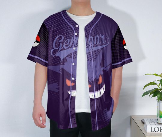 Gengar Baseball Jersey Cute Anime Button-Up Funny 3D Gift for Fans