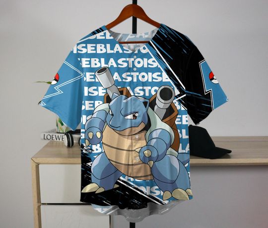 Blastoise Baseball Jersey Anime Water Button-Up Bold Fan Gift Blue Turtle