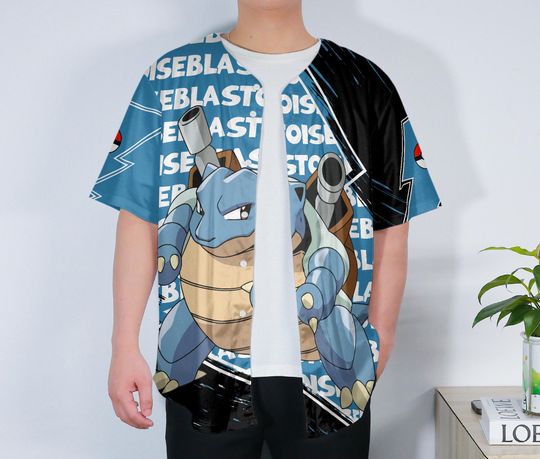 Blastoise Baseball Jersey Anime Water Button-Up Bold Fan Gift Blue Turtle