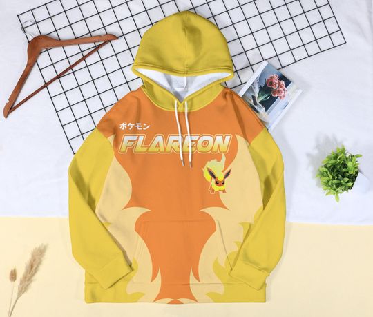 Flareon Fire Print Hoodie Unisex Pullover, Eevee Evolution 3D Hoodie