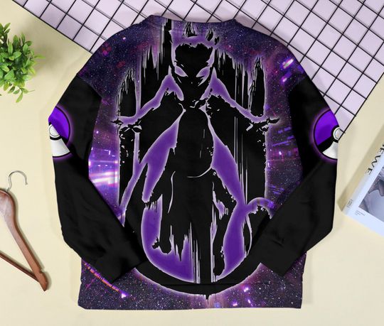 Mewtwo Hoodie with Cosmic Art, Kawaii Pullover, Unisex Crewneck