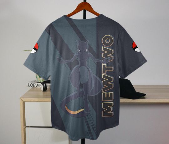 Mewtwo Baseball Jersey Custom Button-Up Anime Gift Dark Grey Jersey