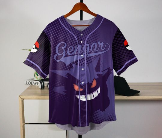 Gengar Baseball Jersey Cute Anime Button-Up Funny 3D Gift for Fans