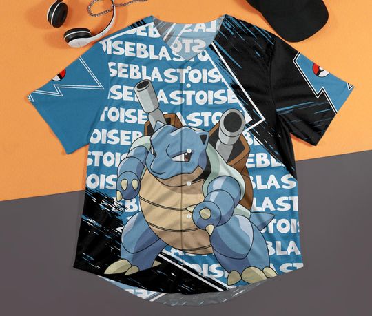Blastoise Baseball Jersey Anime Water Button-Up Bold Fan Gift Blue Turtle