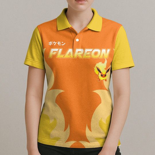 Flareon Polo Shirt - Eevee Evolution, Kawaii Fire Design