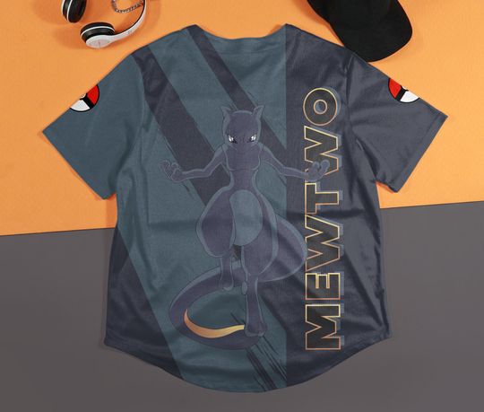Mewtwo Baseball Jersey Custom Button-Up Anime Gift Dark Grey Jersey