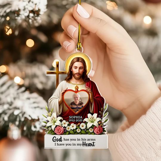 Personalized Memorial Ornament, Jesus Holding Heart Photo, Remembrance Keepsake