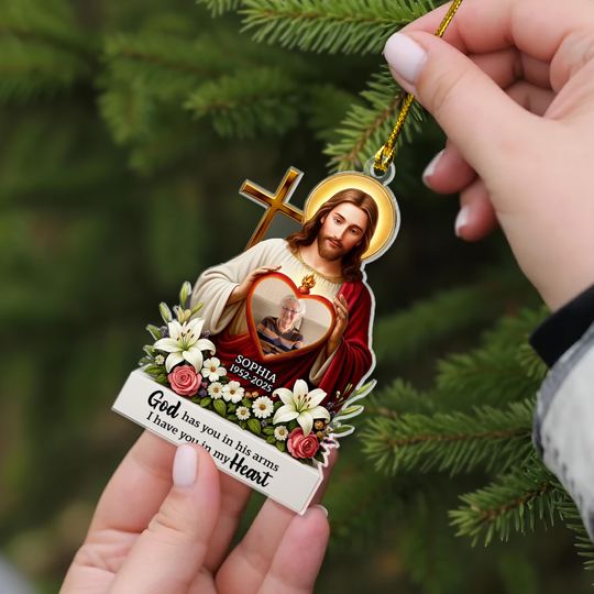 Personalized Memorial Ornament, Jesus Holding Heart Photo, Remembrance Keepsake