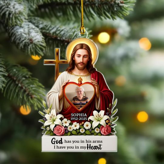 Personalized Memorial Ornament, Jesus Holding Heart Photo, Remembrance Keepsake