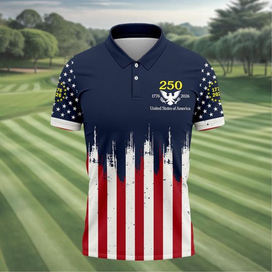 America 250 Polo Shirt Patriotic Red White Blue Flag Golf Shirt