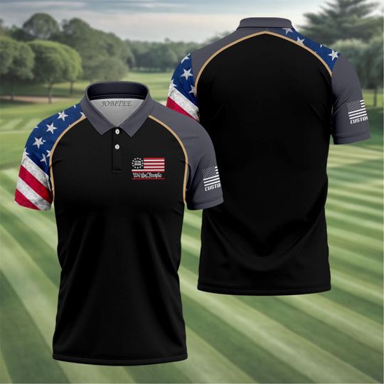 17762026 We The People Golf Polo Shirt, America 250th Anniversary Polo, Patriotic USA Flag Golf Shirt, Independence Day Polo