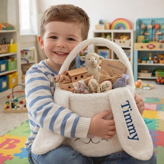 Personalized Easter Bunny Bucket, Embroidered Name Baby Easter Gift, Extra Large Plush Rabbit Basket