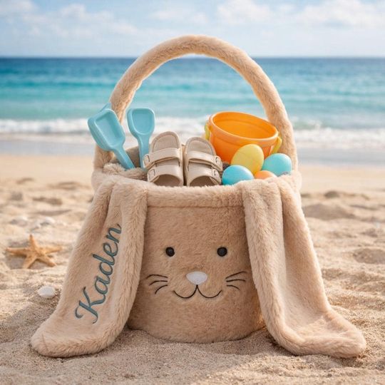 Personalized Easter Bunny Bucket, Extra Large Plush Rabbit Basket, Embroidered Name Baby Easter Gift