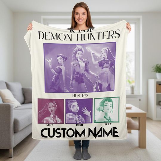 Custom Huntrix Fleece Blanket with Name, K-pop Demon Hunter Birthday Blanket, Personalized Kpop Blanket