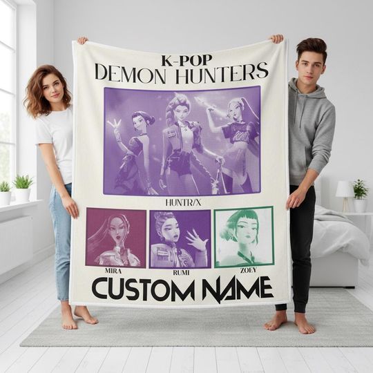 Custom Huntrix Fleece Blanket with Name, K-pop Demon Hunter Birthday Blanket, Personalized Kpop Blanket