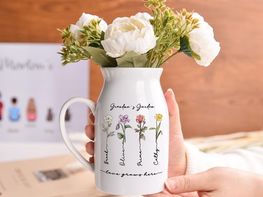 Custom Grandmas Garden Flower Vase, Birth Flower Flower Vase,  Mother's Day Gift, Custom Birth Flower Vase, Family Name Flower Vase