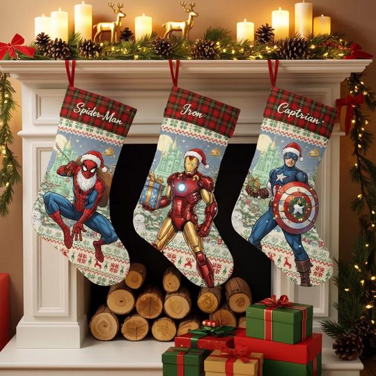 Marvel Superhero Christmas Stocking, Personalized Spider-Man Iron Man Captain Socks, Custom Name Holiday Decor, Kids Xmas Gift Idea