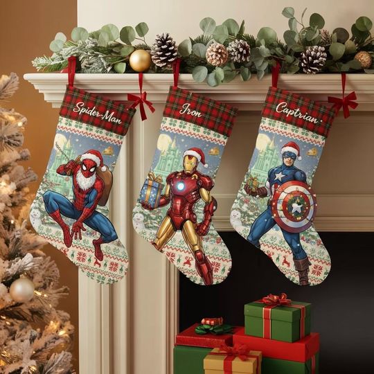 Marvel Superhero Christmas Stocking, Personalized Spider-Man Iron Man Captain Socks, Custom Name Holiday Decor, Kids Xmas Gift Idea